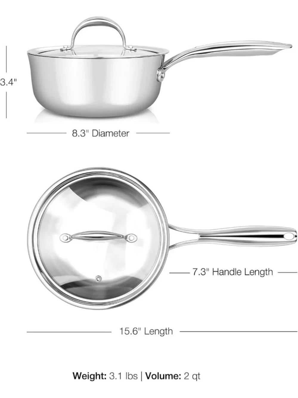 Premium 2-Qt Tri-Ply Stainless Steel Saucepan with Lid - Even Heating, Induction
